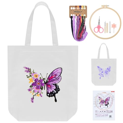 ERKOON Embroidery Canvas Tote Bag DIY Printed Cross Stitch Craft Kit for Beginners with Hoops Material Package & Guide Canvas Shoulder Bags For Shopping Grocery Work Gift (Butterfly)