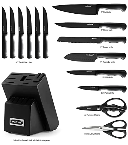 Mccook® Mc21B Knife Sets,15 Pieces German Stainless Steel Knife Block Sets With Built-In Sharpener, Black #TOP1