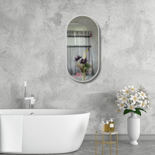 Image of Modern Elegance Capsule Shape Wall-Mounted Mirror Metal Framed Wall Mirror Bathroom Mirror Living Room Mirror Home Decor Mirror 18 x 36 Inches White MF 109