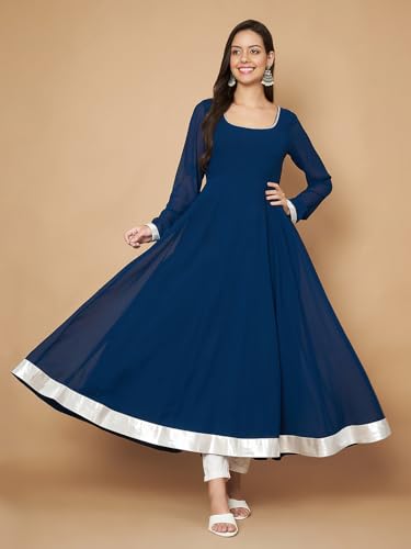 Image of KZA Women's Georgette Hand Embroidered Flared Anarkali Suit for Women | Full Sleeves Flare Anarkali Dress for Woman | Ethnic Flared Anarkali Kurta for Women