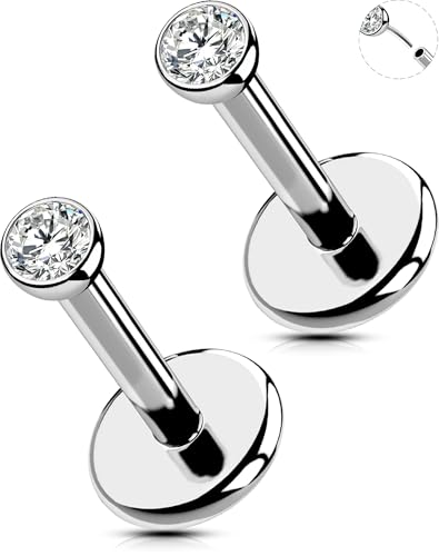 OUFER 2PCS Nose Rings Studs, G23 Solid Titanium 18G Silver Threadless Helix Earring Flat Back, Tiny CZ 2MM Nose Nostril Helix Tragus Piercing Jewelry for Women Men-6MM