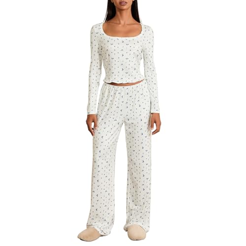 Image of Women 2 Piece Lounge Set Y2k Long Sleeve Square Neck Floral Tops+elastic Waist Long Pants Sleepwear Sets