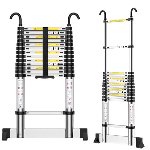 Teleskopleiter 4,9m, Aluminium Leiter Ausziehbar mit Hakenaus, Verstellbare Stufen, für Dachböden, zur Dachrinnenreinigung, Fensterreinigung, Lagerorganisation usw.