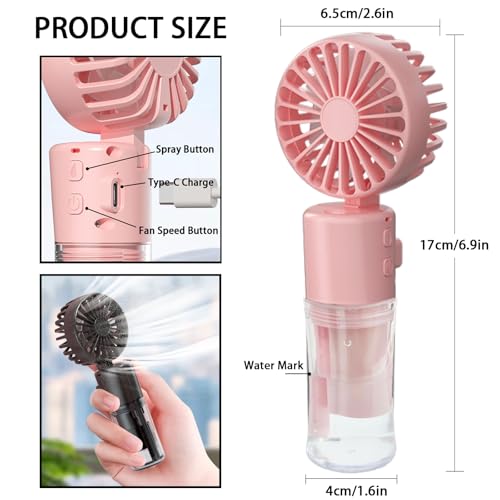 AIRPROSSING Portable Handheld Misting Fan,Rechargeable Battery Operated,Water Fan,Mist Fans,Foldable,4 Speeds,Mini Personal Cooling Fans for Outdoor,Travel, Makeup, Home, Office, Camping(Pink)