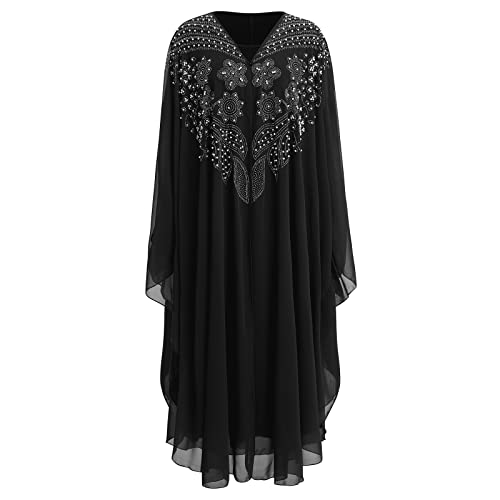 OBEEII Muslim Dress for Women Loose Batwing Sleeved Beaded Embroidery Long Abaya Dress Kaftan Abayas Islamic Robe Black One Size