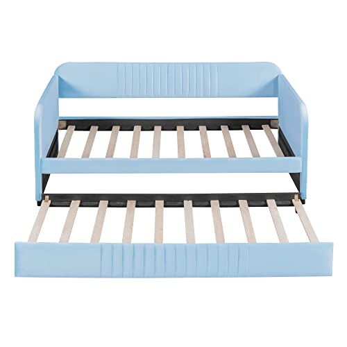 Merax Twin Size Upholstered Daybed with Trundle Bed and Wood Slat, Light Blue Velvet Sleeper Sofa Bed, No Box Spring Needed - Thumbnail 5