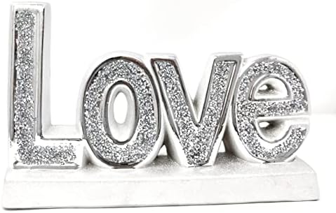 SILVER LOVE CRUSHED DIAMONDS SPARKLE ORNAMENT, LOVELY DISPLAY HOME DÉCOR Words Sign Free Standing Love Desk/Shelf/Home Wall/Office Decoration Art