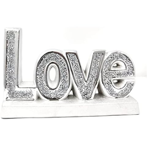 SILVER ‘LOVE’ CRUSHED DIAMONDS SPARKLE ORNAMENT, LOVELY DISPLAY HOME DÉCOR Words Sign Free Standing Love Desk/Shelf/Home Wall/Office Decoration Art Cover