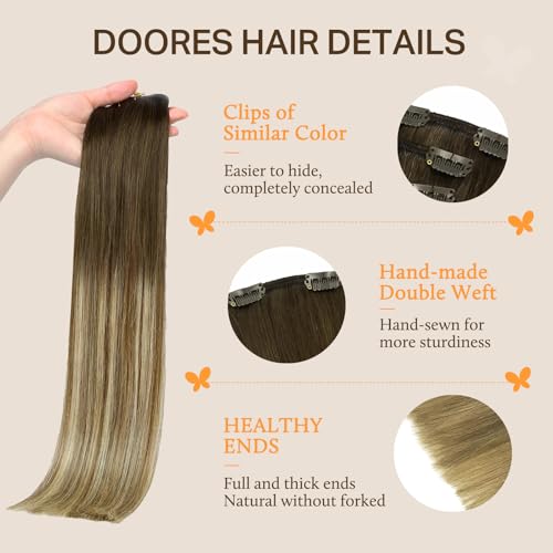 Image of DOORES Hair Extensions Clip Ins Human Hair Extensions, 5pc 75g 16 Inch Balayage Walnut Brown to Ash Brown and Bleach Blonde Clip in Hair Extensions Real Human Hair Natural Straight