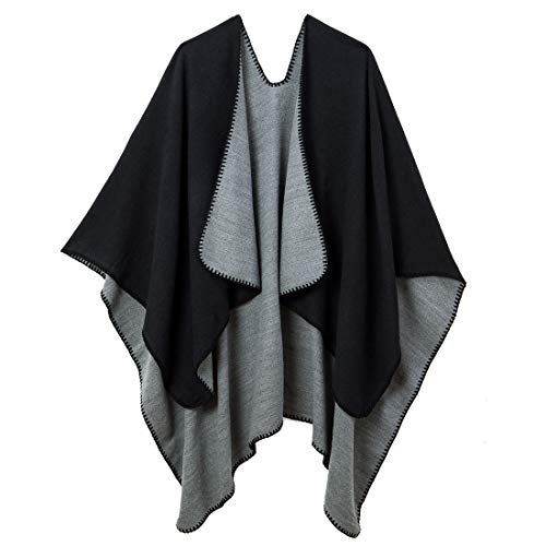 LYZ Women's Reversible Sweater Poncho Cape Coat Open Front Blanket Shawls and Wraps Black