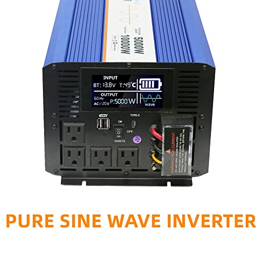 5000W Heavy Duty Pure Sine Wave Power Inverter Peak-10000W,Dc 12V To 110V,4Xac,2Xusb Port,18W Type-C Quick Charge Port,Lcd Digital Display,Wireless Remote Control Switch,High Power Output Terminal #TOP5