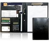 SOUSEIWORKS バインダー A4 クリップボード ファイル 2つ折り 革 クリップ 贈り物 PUレザー 名刺入れ 多機能 プレゼント ペンホルダー ポケット付き メモ 小型電卓 オフィス用品 スマートバインダー (ブラック（黒）, PUレザー)