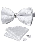DiBanGu Men's White Floral Bow Tie Pre-tied Paisley Bowtie Set for Men Pocket Square Cufflinks Weddi