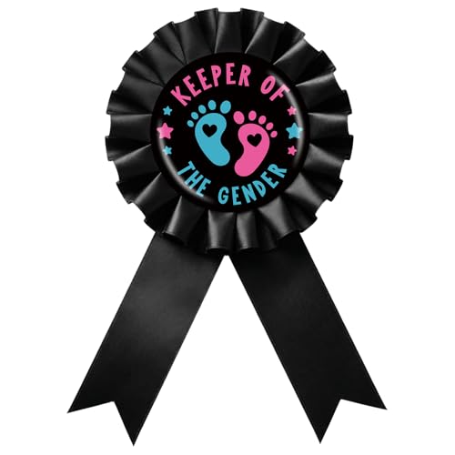 Keeper of the Gender Tinplate Badge Pin - Blue and Pink Gender Reveal Brooch Pin, Black Rosette Baby Feet Hearts Team Boy or Girl Award Ribbon Button, Foorprint Baby Shower/ Pregnancy Announcement Party Decoration