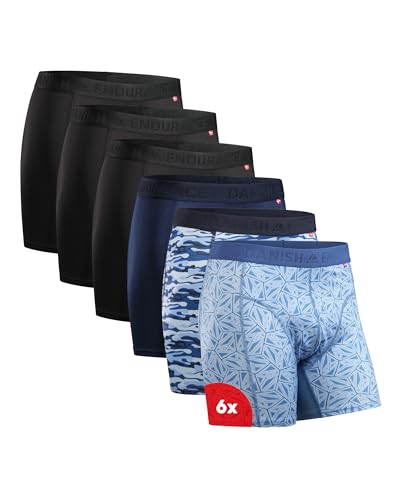 DANISH ENDURANCE Calzoncillos Hombre Boxer Deportivos, Ajustados y Transpirables, Pack de 6, 3X Negro, 1x Azul, 1x Camuflaje, 1x Mosaico, XL