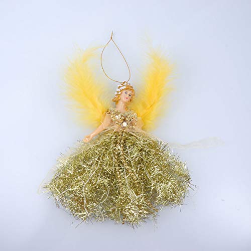 Christmas Angel Plush Doll Hanging Pendant Fairy Fluffy Wing Long Skirt Angel Ornament Xmas Tree Hanging Tag Sign For Festive Home Decor Kids Gift (Golden) #TOP3