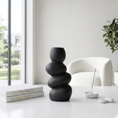 Image of Ceramic Stone Vase for Home Decor Ceramic Vase for Pampas Grass, Abstract Bubble Stacked Pebble Design, Minimalist Ceramic Vases for Flowers (Black Pebble)