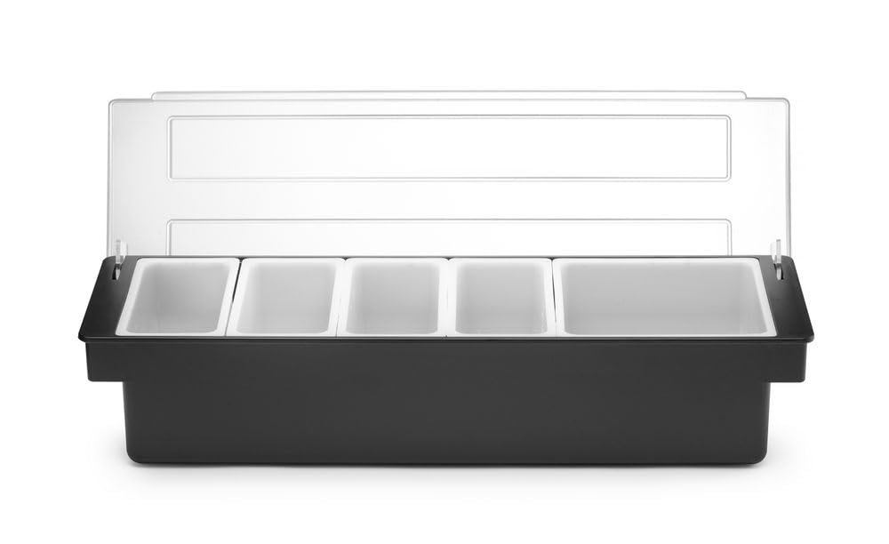 HENDI Portacondimentos de Bar, Bandeja de Guarniciones para Cócteles BarUp, Caja Organizadora con Tapa Transparente, 5 Contenedores de Polipropileno, 480x150x(H) 100mm, HIPS, Negro