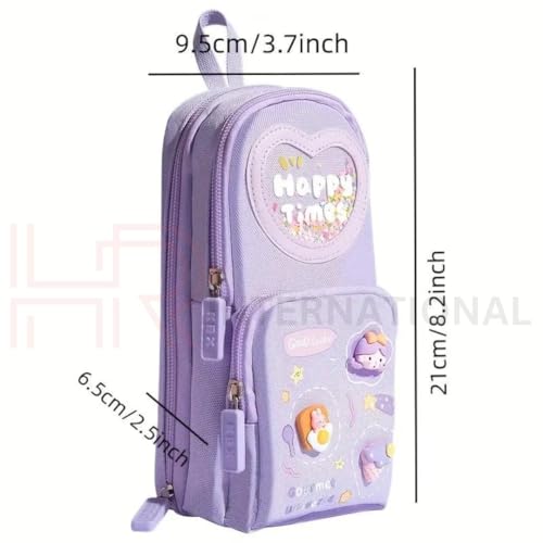 Image of Premium Unicorn 3-Layer Big Capacity Pencil Case for Girls + Free Unicorn Push-Pull Eraser | School Bag Shaped Stationery Organizer | Cute Aesthetic Gift for Kids (Purple+Erasers)