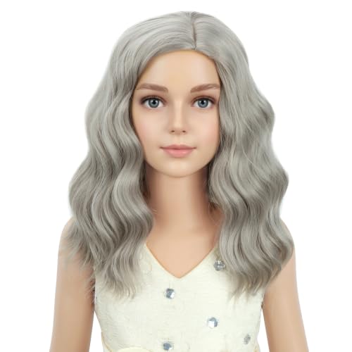 Image of PATTNIUM Kids Girls Gray Wig Old Lady Gray Grandma Wig for Kids Short Curly Wavy Grey Child Wigs Heat Resistant Synthetic Wigs