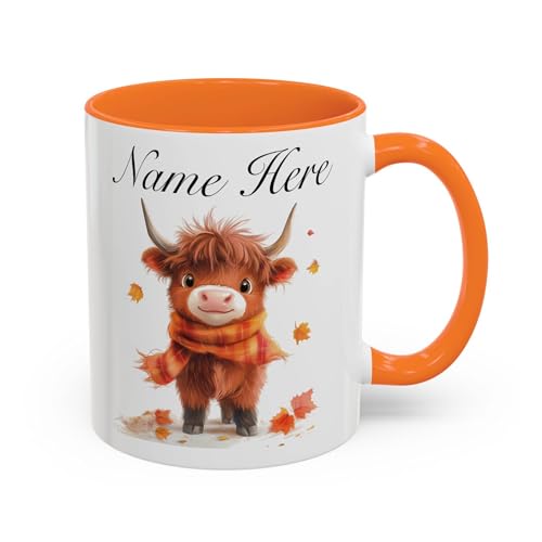 Image of Personalised Highland Cow Mug with Name – Cute Cow Gift for Her, Custom Animal Coffee Mug, Autumn Highland Cow Cup, Personalised Gift UK (Orange 11oz, Mug)