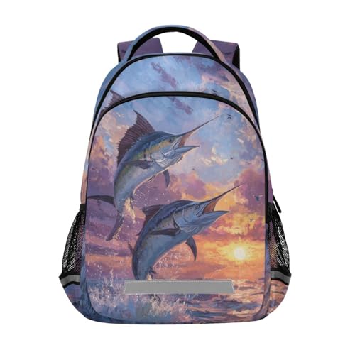 Kids Backpack for Boys Girls Marlin Fish School Backpacks Elementary Bags Travel Daypack Lightweight Waterproof with Reflective Strip