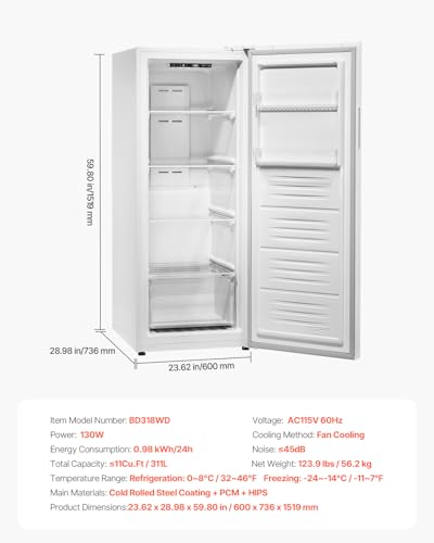Image of VEVOR Convertible Freezer /Refrigerator, 11 Cu.Ft Frost Free Upright Freezer with Temp Control Panel, Reversible Door, Adjustable Glass Shelves and LED, Standing Fridge for Kitchen, Office, Garage