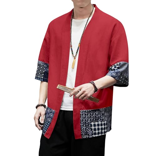 Image of PRIJOUHE Men's Kimono Jackets Cardigan Lightweight Casual Cotton Blends Linen Seven Sleeves Open Front Coat Outwear