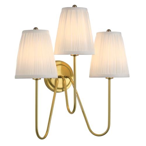 Image of Electro bp; Elegant Triple Sconce Polished Gold Curved Metal Arm with Warm White Pleated Fabric Lamp Shades Brocade Cover Wall Light Fixture,E12,3 Sockets,120W,Hardwired;