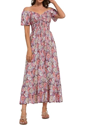Image of Summer Smocked Boho Maxi Dress for Women 2026 Short Sleeve Floral Smocked Flowy Ruffled Beach Vacation Dresses Lightweight