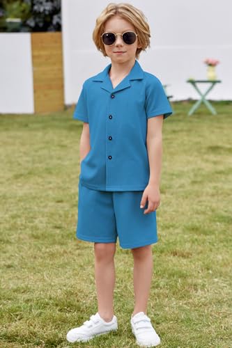 Image of Arshiner Toddler Boys 2 Piece Summer Outfits Waffle Knit Short Sleeve Button Down Shirt & Casual Shorts Sets Size 2-7