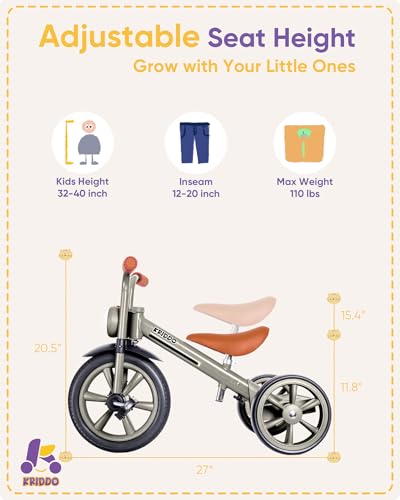 Image of KRIDDO Kids Tricycles Age 2 Years to 5 Years, 12 Inch Puncture Free Rubber Wheel w Front Light, Kids Trike for 2.5 to 5 Year Old, Gift Toddler Tricycles for 2-5 Year Olds, Trikes for Toddlers, Grey