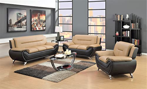 US Pride Furniture Modern Style Faux Leather Living Room Loveseat+Chair Set Sofa, Camel/Black US Pride Furniture Modern Style Faux Leather Living Room Loveseat+Chair Set Sofa, Camel/Black