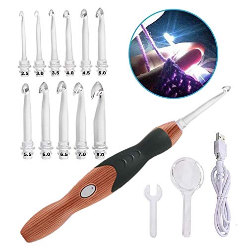 11 Sizes Light Up Crochet Hooks Set - Lighted Crochet Hooks with Case,Rechargeable Crochet Hook with Light,2.5mm to 8mm