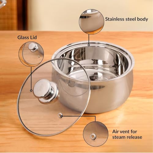 Image of Nestasia Stainless Steel Insulated Casserole with Glass Lid (1000 ml) - 100% Food Safe Casserole for Roti Hot Case with Air Vent Lid - Keeps Food Hot & Cold | Rust Resistant & BPA - Free