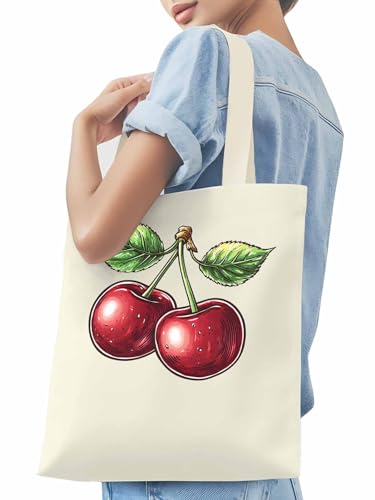 Canvas Tote Bags,Grocery Shopping Cloth Bag Pastoral Red Cherry Reusable Shoulder Bags Tote Bag for Travel Work Gym3