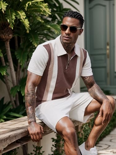 UOUA Mens Summer Track Suits 2 Piece Shorts Sets Short Sleeve Sweatsuit Outfits 1/4 Zip Golf Polo Splicing Striped Shirts3