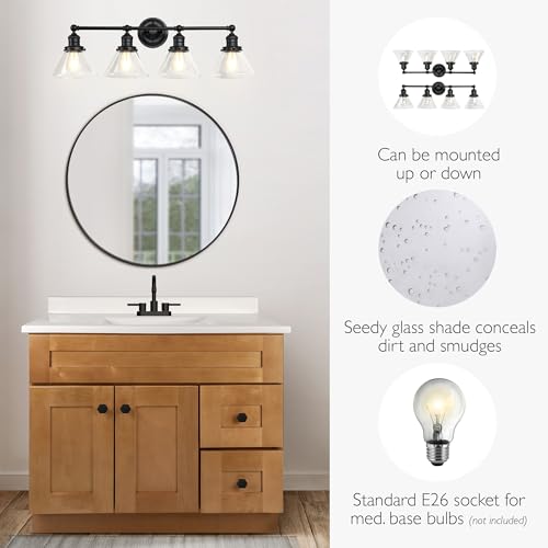 Image of Design House Augustin Vanity Light, 4-Light, Seeded Glass Warm Glow, Dimmable, Up /Down Glow, Easy Installation, E26 Socket, Black, 34.9 in L x 8.3 in D x 11.1 in H, 589044-BLK