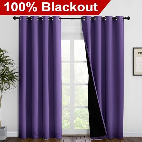 Image of NICETOWN Lilac Purple Full Shade Curtain Panels, Pair of Energy Smart & Noise Blocking Out Blackout Drapes for Dining Room Window, Thermal Insulated Guest Room Lined Window Dressing, 55 x 86 inch