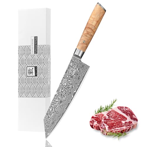 zayiko Kinone Kiritsuke Chef Knife, 7.9-Inch VG10 Core, Birch Root Handle