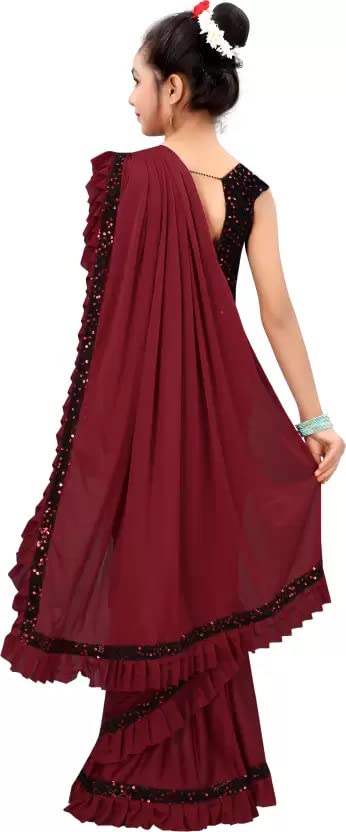 Dhyey fashion Girls Lycra Blend Ruffle Pattern Saree With Velvet Unstitched Blouse Piece - Image 3 thumbnail