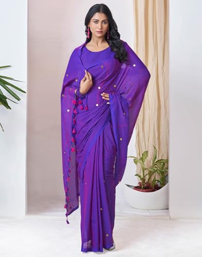 Image of SIRIL Women's Cotton Linen Sequence Saree With Unstitched Blouse Piece