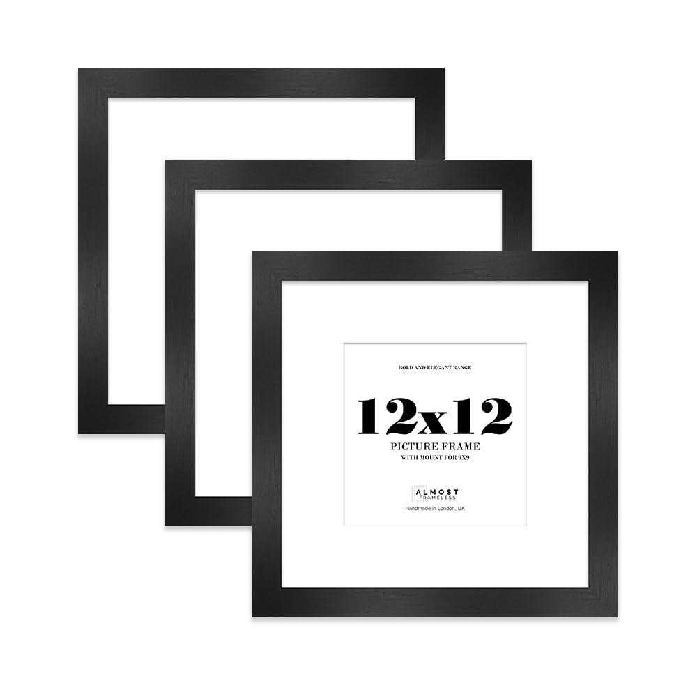 12x12" Black Square Frame With Mount for 9x9" Pictures 28mm Edge Frame Display with Wall Hooks and Kickstand, 3 Pack