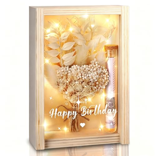 Geldgeschenk Geburtstag Geldgeschenke Verpackung Happy Birthday Geschenkbox inklusive Getrocknete Blumen Reagenzglas Lichterketten Geldgeschenke für Frauen Geburtstagsgeschenk aus Holz