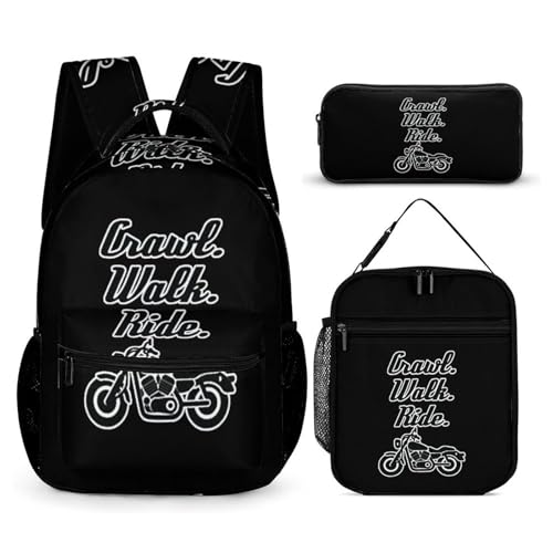 Crawl Walk Ride Motocycle Funny Backpack Set Lunch Bag Pencil Case Makeup Bag 3 in 1 for Men Women Travel