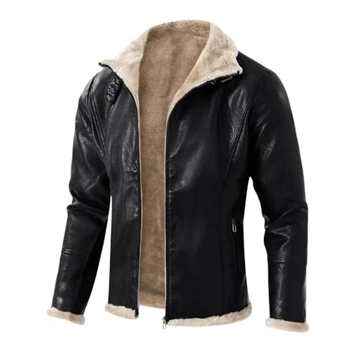 Veste en cuir pour homme avec doublure polaire chaude et col rabattu style motard