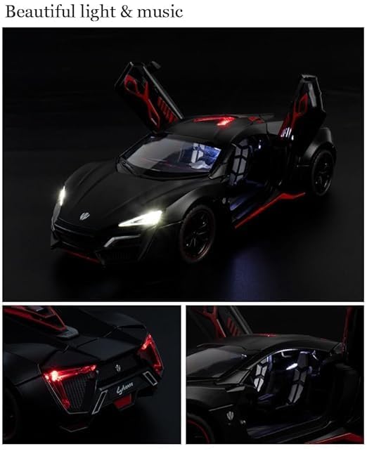 Image of 1:24 Scale Lykan Hypersport Diecast Model Toy Car, Alloy Metal Pull Back Vehicle for Kids, Openable Doors, Lights & Music, Big Size Toy Car for Boys & Girls (Black)