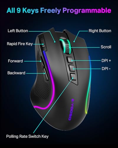PEEH Wireless Gaming Mouse with Tri-Modes, 2.4G/ BT/ 2 Side Buttons, Rapid Fire Key, 8000 DPI, 6 Backlit Modes, Macro, 9 Programmable Buttons - Image 5