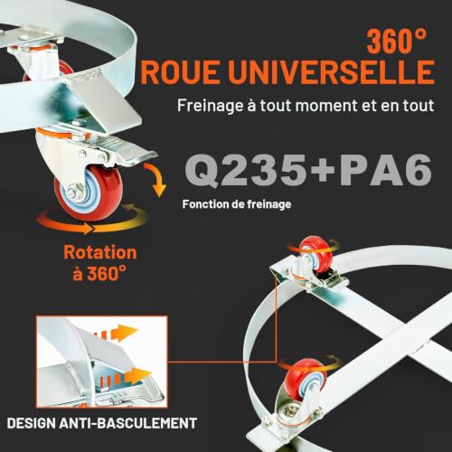 VEVOR Porte-Fût 250 L Chariot à Baril Capacité de Charge 454 kg Plateau Roulant avec 4 Roulettes Pivotantes Cadre Acier Socle Rouleur Outil pour Manutention Fûts Tambours Bidons Huile Entrepôts Usines – vue 7