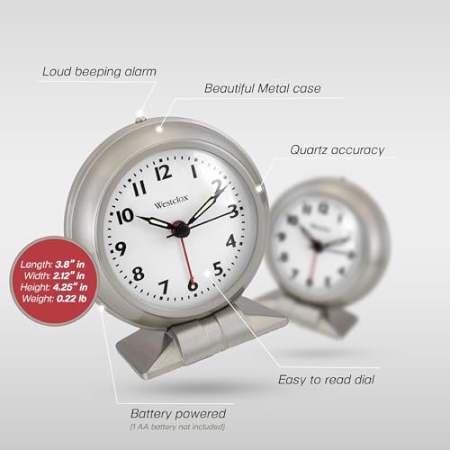 Image of Westclox Classic Alarm Clock - Silver Finish, 4.75W x 5.5H Analog Display, Battery-Powered, Glass Lens, Easy-Read Numbers, Real-Bell Style Alarm, Vintage Look